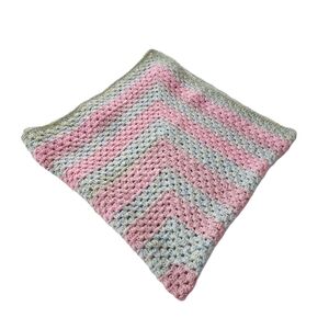 Crochet Handmade Pink & Green Granny Square Baby Blanket 35 x 35 New